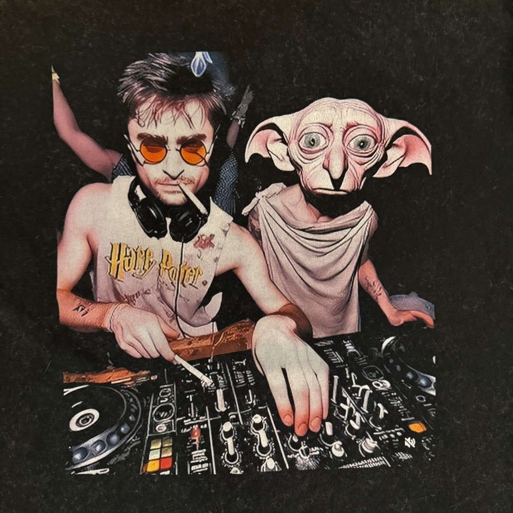 Harry Potter Dobby DJ Parody Graphic Tee Acid Wash Black Vintage Style T-Shirt - Picture 3 of 5